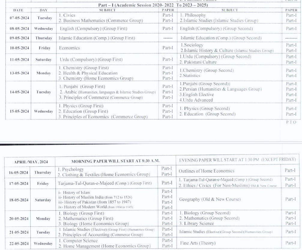 11th class date sheet Faisalabad Board 2024