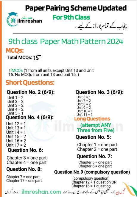 new 9th class Math pairing scheme 2024