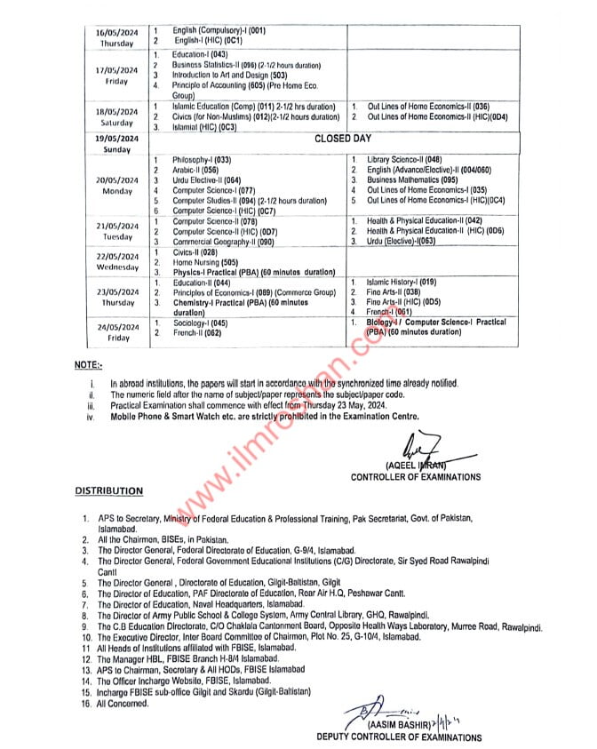 1st Year Federal Board Date sheet 2024