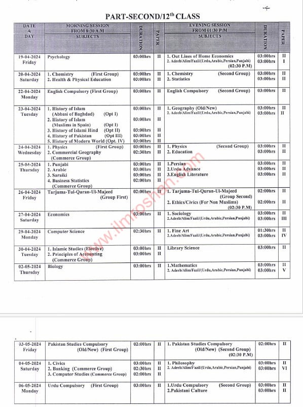 2nd year date sheet Lahore Board 2024