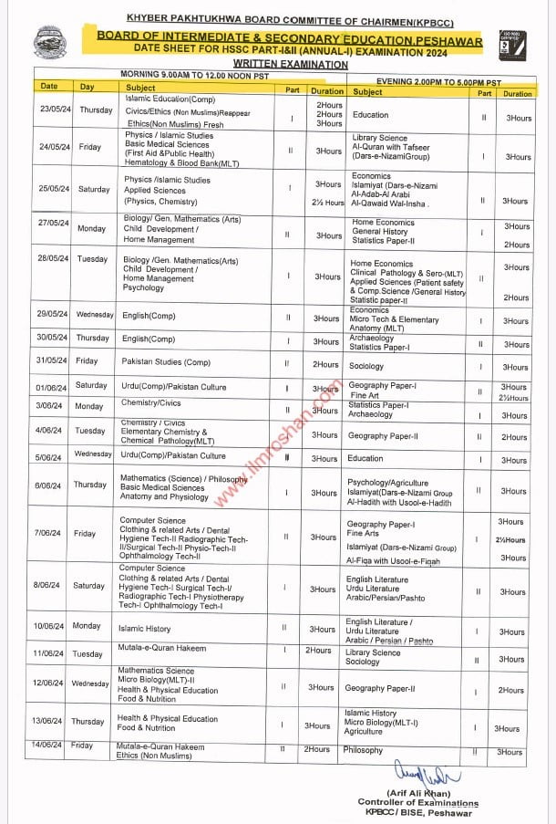 11th Class Date Sheet 2024 BISE Peshawar Board Announced