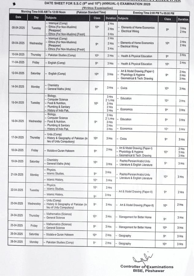9th Class Date Sheet 2025 KPK Board 9th Class Date Sheet 2025 KPK Board