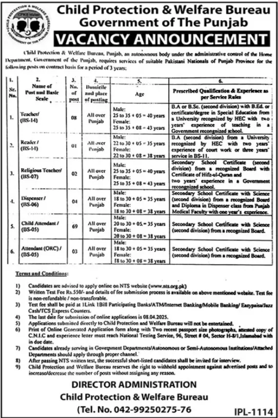 Child Protection and Welfare Bureau Punjab Jobs 2025 Advertisement Child Protection and Welfare Bureau Punjab Jobs 2025